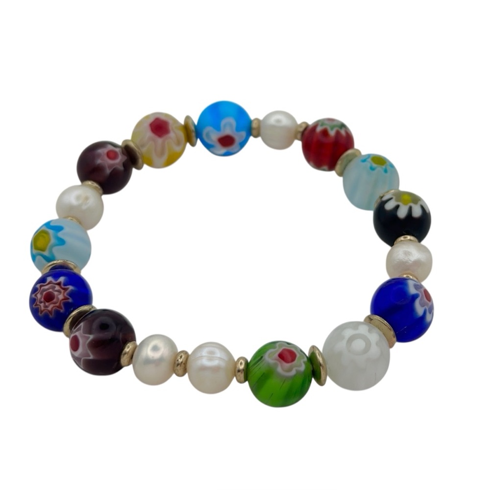Pearl / Millefiori Art Glass Beads Stretch Bracelet Jewelry Modern Estate Sale
